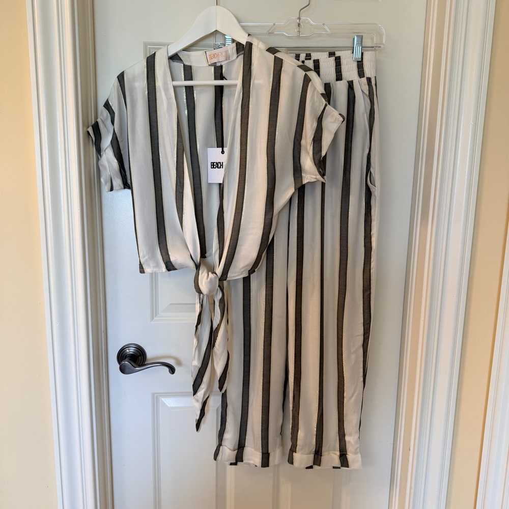 Beach Riot Black & White Vertical Stripe Cropped Pant Set
